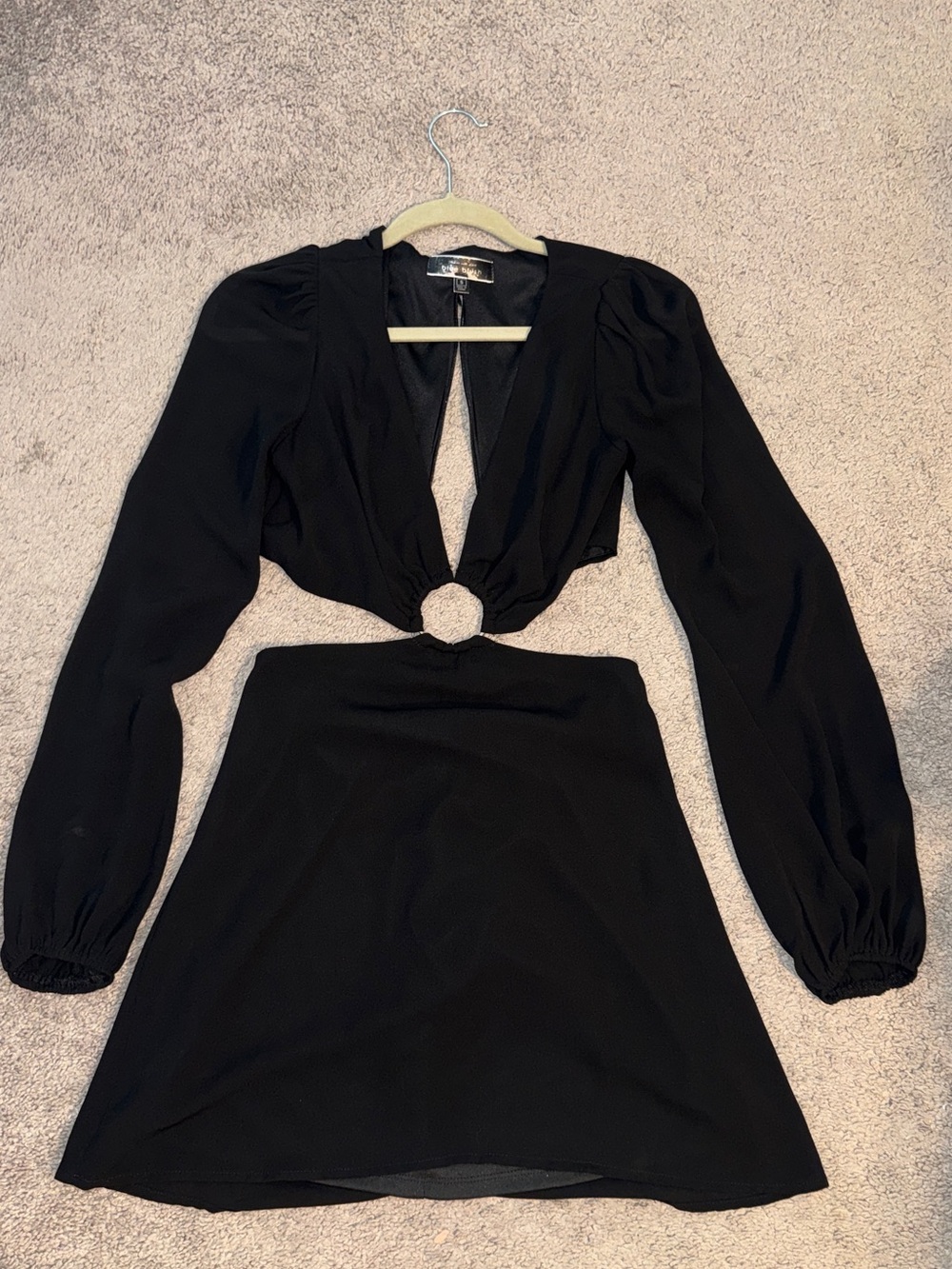 Elegant Black Long-Sleeve Cutout Mini Dress with Ring Accent